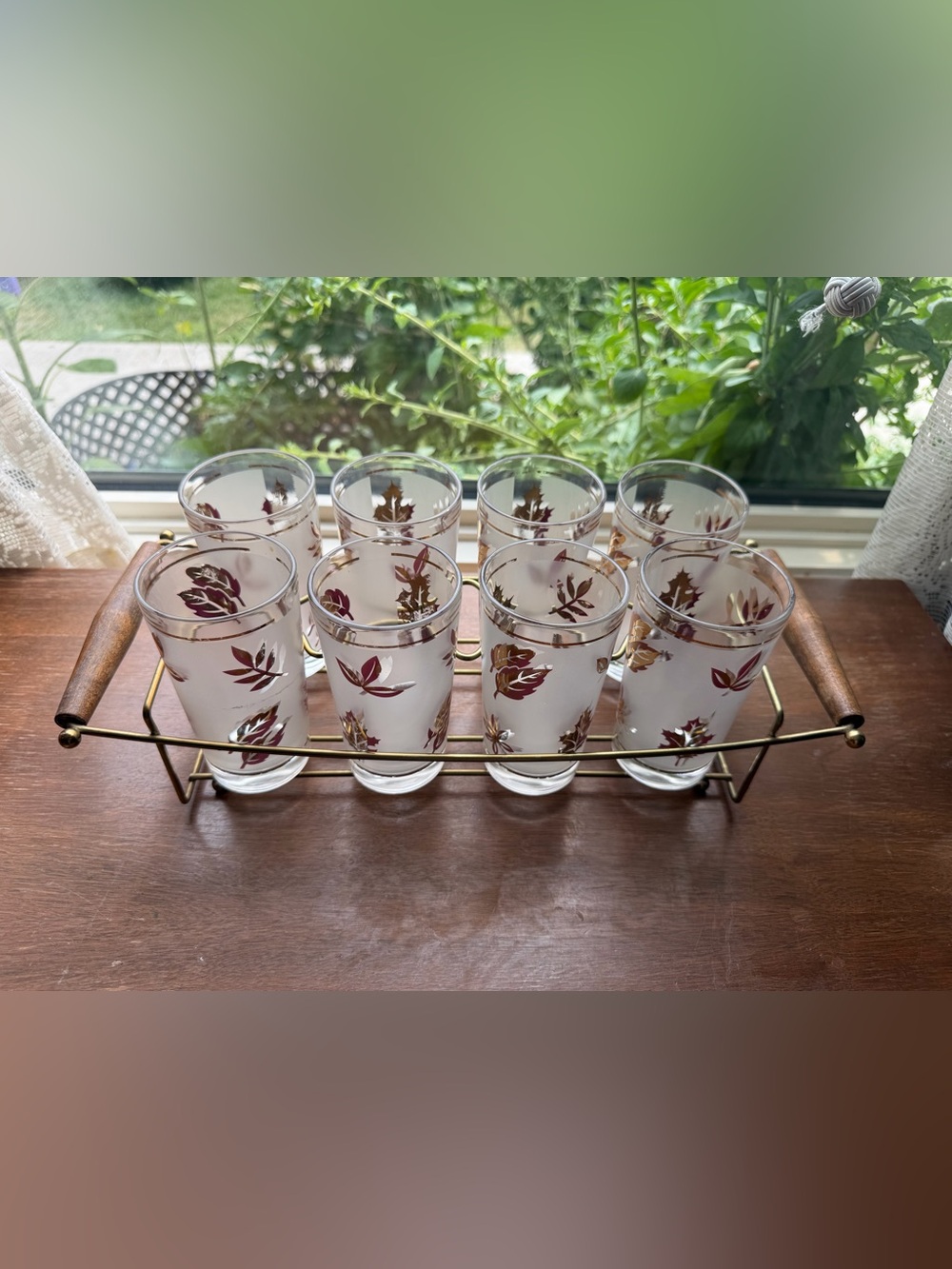 vintage mid-century modern tumblers  "Golden Foliage" with rack
